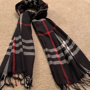 Wide Plaid Fringe Scarf - Black, White, Gray and Red Unisex - NWOT